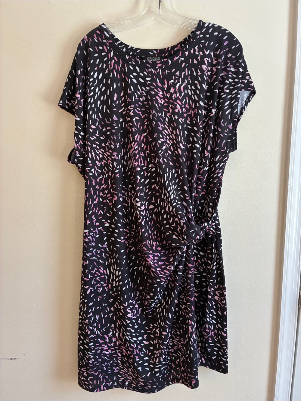 Nicole Miller Black Midi Dress with Pink and White Speckle Print
